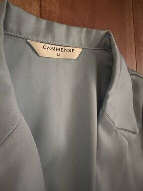 Commense Satin Open-Front Blazer in Light Blue Gray